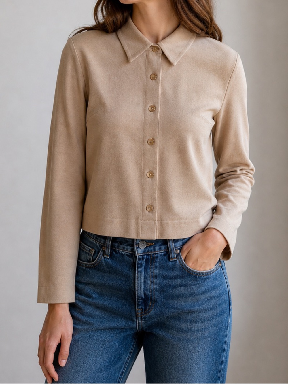 Vintage Beige Button-Down Collared Knit Shirt